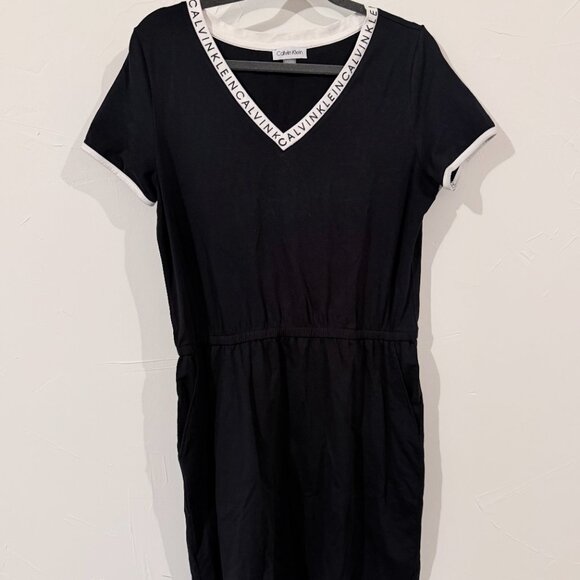 Calvin Klein Black T-Shirt Dress Size L | Logo Trim V-Neck | Cotton Stretch Casu - Picture 1 of 6